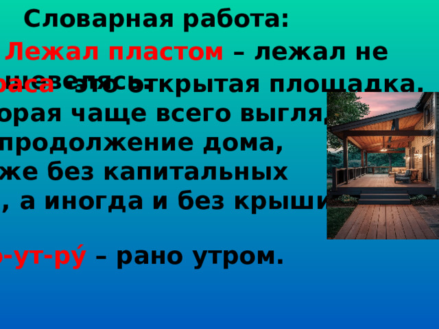 Словарная работа: Лежал пластом – лежал не шевелясь. Терраса -это открытая площадка,  которая чаще всего выглядит как продолжение дома, но уже без капитальных стен, а иногда и без крыши.  По-ут-ру́ – рано утром.