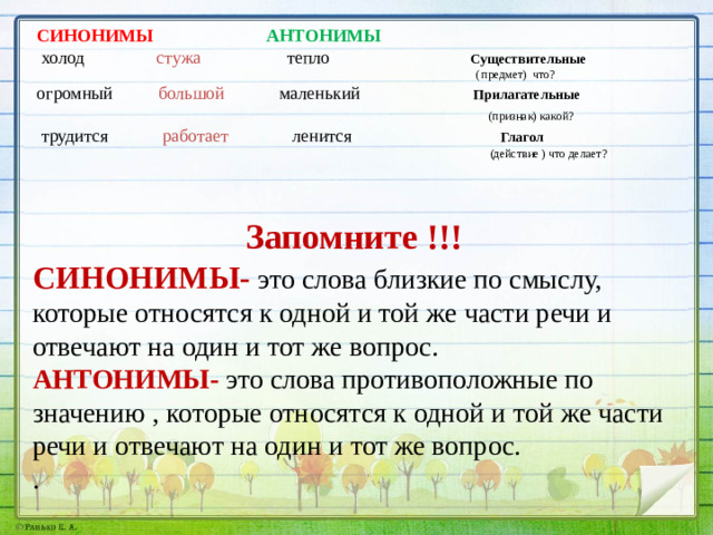 СИНОНИМЫ  АНТОНИМЫ  холод стужа тепло Существительные  ( предмет) что?  огромный большой маленький Прилагательные  (признак) какой?  трудится работает ленится Глагол  (действие ) что делает? Запомните !!! СИНОНИМЫ- это слова близкие по смыслу, которые относятся к одной и той же части речи и отвечают на один и тот же вопрос. АНТОНИМЫ- это слова противоположные по значению , которые относятся к одной и той же части речи и отвечают на один и тот же вопрос. .