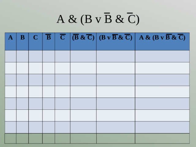 A & (B v B & C) A B C B C (B & C) (B v B & C)  A & (B v B & C)