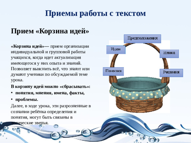 Приемы работы с текстом Прием «Корзина идей»  «Корзина идей»— прием организации индивидуальной и групповой работы учащихся, когда идет актуализация имеющегося у них опыта и знаний. Позволяет выяснить всё, что знают или думают ученики по обсуждаемой теме урока. В корзину идей можно «сбрасывать»: понятия, мнения, имена, факты, проблемы. Далее, в ходе урока, эти разрозненные в сознании ребёнка определения и понятия, могут быть связаны в логические звенья.