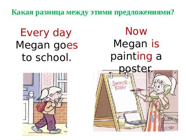 Какая разница между этими предложениями? Now Megan is paint ing a poster.  Every day Megan go es to school.
