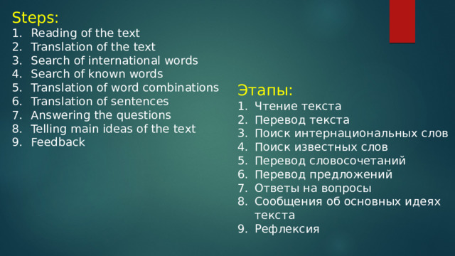 Steps: Reading of the text Translation of the text Search of international words Search of known words Translation of word combinations Translation of sentences Answering the questions Telling main ideas of the text Feedback Этапы: