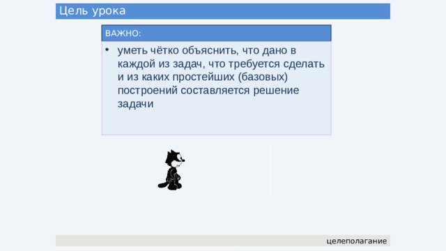Цель урока ВАЖНО: уметь чётко объяснить, что дано в каждой из задач, что требуется сделать и из каких простейших (базовых) построений составляется решение задачи целеполагание