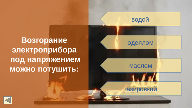 Возгорание электроприбора  под напряжением можно потушить: водой одеялом маслом газировкой
