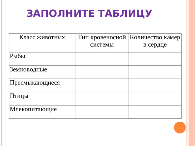 ЗАПОЛНИТЕ ТАБЛИЦУ Класс животных Тип кровеносной системы Рыбы Количество камер в сердце Земноводные Пресмыкающиеся Птицы Млекопитающие