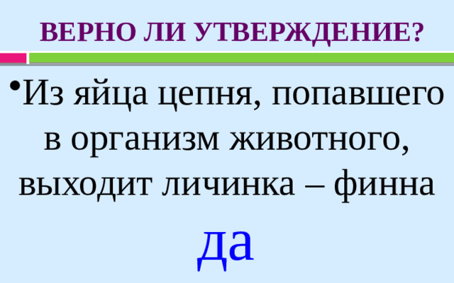 ВЕРНО ЛИ УТВЕРЖДЕНИЕ? Из яйца цепня, попавшего в организм животного, выходит личинка – финна да