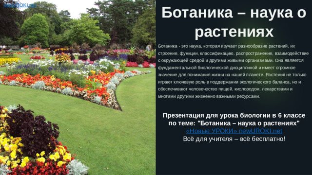 Ботаника – наука о растениях Ботаника - это наука, которая изучает разнообразие растений, их строение, функции, классификацию, распространение, взаимодействие с окружающей средой и другими живыми организмами. Она является фундаментальной биологической дисциплиной и имеет огромное значение для понимания жизни на нашей планете. Растения не только играют ключевую роль в поддержании экологического баланса, но и обеспечивают человечество пищей, кислородом, лекарствами и многими другими жизненно важными ресурсами. Презентация для урока биологии в 6 классе по теме: 