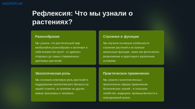 Рефлексия: Что мы узнали о растениях? Разнообразие Строение и функции Мы узнали, что растительный мир необычайно разнообразен и включает в себя множество групп - от древних споровых до самых современных цветковых растений. Мы изучили основные особенности строения растений и их важные жизненные функции, такие как фотосинтез, размножение и адаптация к различным условиям. Экологическая роль Практическое применение Мы осознали ключевую роль растений в поддержании экологического баланса на нашей планете, их влияние на другие живые организмы и человека. Мы узнали о многочисленных практических сферах применения ботанических знаний - в сельском хозяйстве, медицине, промышленности и повседневной жизни.