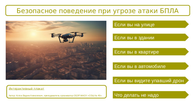 Безопасное поведение при угрозе атаки БПЛА Если вы на улице Если вы в здании Если вы в квартире Если вы в автомобиле Если вы видите упавший дрон Интерактивный плакат Автор: Котов Вадим Алексеевич, преподаватель-организатор ОБЗР МАОУ «СОШ № 40» Что делать не надо