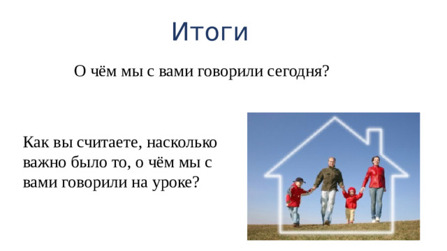 Итоги О чём мы с вами говорили сегодня? Как вы считаете, насколько важно было то, о чём мы с вами говорили на уроке?