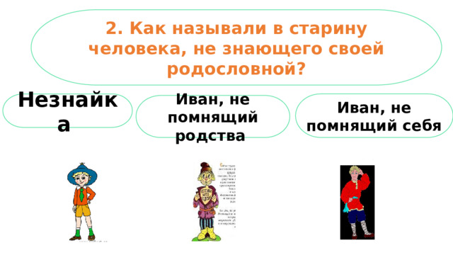 2. Как называли в старину человека, не знающего своей родословной? Иван, не помнящий себя Незнайка Иван, не помнящий родства