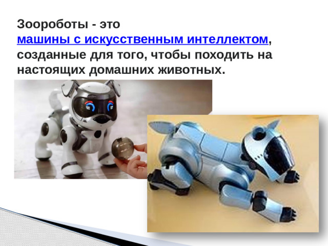 Зоороботы - это  машины с искусственным интеллектом , созданные для того, чтобы походить на настоящих домашних животных. 