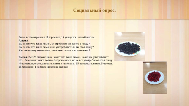Социальный опрос. Было всего опрошена 11 взрослых, 14 учащихся нашей школы. Анкета.  Вы знаете что такое лимон, употребляете ли вы его в пищу? Вы знаете что такое лимонник, употребляете ли вы его в пищу? Как по-вашему мнению что полезнее лимон или лимонник? Вывод: Все 25 опрошенных знают что такое лимон, но не все употребляют его. Лимонник знают только 6 опрошенных, но не все употребляют его в пищу. 4 человек проголосовали за лимон и лимонник, 15 человек за лимон, 5 человек за лимонник, 1 человек ничего не выбрал.