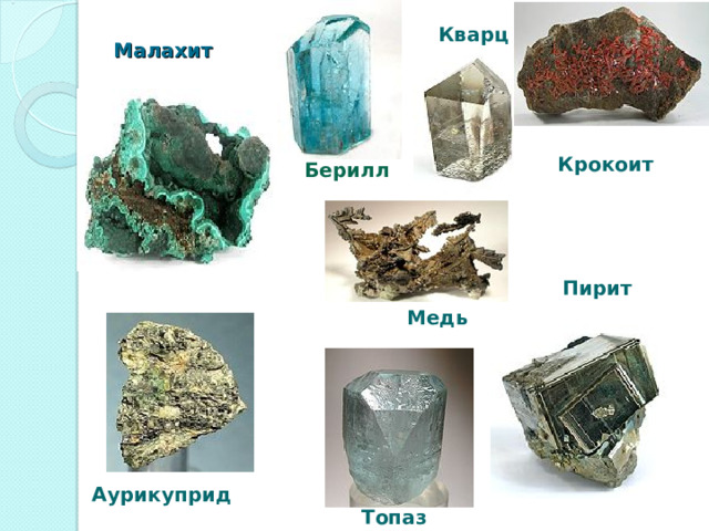 Кварц Малахит Крокоит Берилл Пирит  Медь Аурикуприд Топаз
