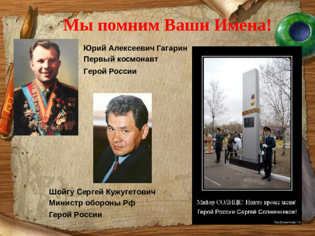 Мы помним Ваши Имена! Юрий Алексеевич Гагарин Первый космонавт Герой России        Шойгу Сергей Кужугетович Министр обороны Рф Герой России      