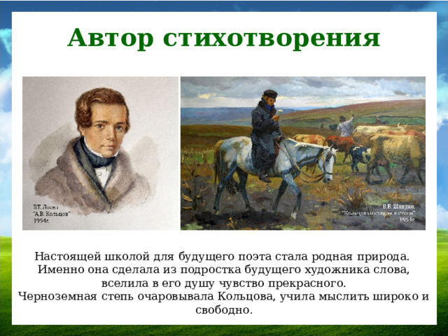 Автор стихотворения Настоящей школой для будущего поэта стала родная природа. Именно она сделала из подростка будущего художника слова,  вселила в его душу чувство прекрасного. Черноземная степь очаровывала Кольцова, учила мыслить широко и свободно .