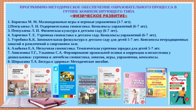 ПРОГРАММНО-МЕТОДИЧЕСКОЕ ОБЕСПЕЧЕНИЕ ОБРАЗОВАТЕЛЬНОГО ПРОЦЕССА В ГРУППЕ КОМПЕНСИРУЮЩЕГО ТИПА  « ФИЗИЧЕСКОЕ РАЗВИТИЕ» 1. Борисова М. М. Малоподвижные игры и игровые упражнения (3-7 лет). 2.Пензулаева Л. И. Оздоровительная гимнастика. Комплексы упражнений (6-7 лет). 3. Пензулаева Л. И. Физическая культура в детском саду (6-7 лет). 4. Харченко Т. Е. Утренняя гимнастика в детском саду. Комплексы упражнений (6-7 лет). 5. Утробина К.К. Занимательная физкультура в детском саду для детей 5-7 лет. Конспекты нетрадиционных занятий и развлечений в спортивном зале. 6. Алябьева Е.А. Нескучная гимнастика. Тематическая утренняя зарядка для детей 5-7 лет. 7. Анисимова Т.Г., Ульянова С.А. Формирование правильной осанки и коррекция плоскостопия у дошкольникв: утренняя и леечебгая гимнастика, занятия, игры, упражнения, комплексы. 8. Шорыгина Т.А. Беседы о здоровье: Методическое пособие.