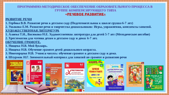 ПРОГРАММНО-МЕТОДИЧЕСКОЕ ОБЕСПЕЧЕНИЕ ОБРАЗОВАТЕЛЬНОГО ПРОЦЕССА В ГРУППЕ КОМПЕНСИРУЮЩЕГО ТИПА  « РЕЧЕВОЕ РАЗВИТИЕ»   РАЗВИТИЕ РЕЧИ 1. Гербова В.В. Развитие речи в детском саду (Подготовительная к школе группа 6-7 лет) 2. Ушакова Е.М. Развитие речи и творчества дошкольников: Игры, упражнения, конспекты занятий. ХУДОЖЕСТВЕННАЯ ЛИТЕРАТУРА 1. Алиева Т.И., Васюкова Н.Е. Художественная литература для детей 5-7 лет (Методическое пособие) 2. Хрестоматия для чтения детям в детском саду и дома: 6-7 лет. ОБУЧЕНИЕ ГРАМОТЕ. 1. Нищева Н.В. Мой букварь. 2. Нищева Н.В. Обучение грамоте детей дошкольного возраста. 3. Новоторцева Н.В. Учимся читать: обучение грамоте в детском саду и дома. 4. Штурмак И.Г. Занимательный материал для занятий по грамоте и развитию речи