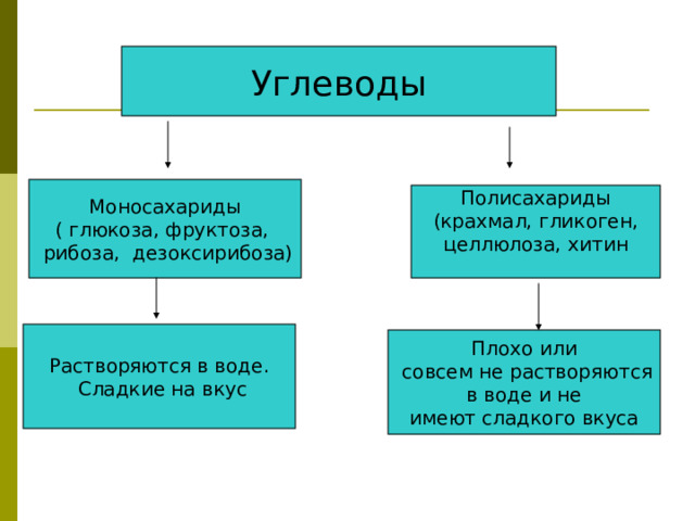 Углеводы Моносахариды ( глюкоза, фруктоза,  рибоза, дезоксирибоза) Полисахариды (крахмал, гликоген, целлюлоза, хитин Растворяются в воде.  Сладкие на вкус Плохо или  совсем не растворяются  в воде и не имеют сладкого вкуса