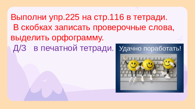Выполни упр.225 на стр.116 в тетради.  В скобках записать проверочные слова, выделить орфограмму.  Д/З в печатной тетради.