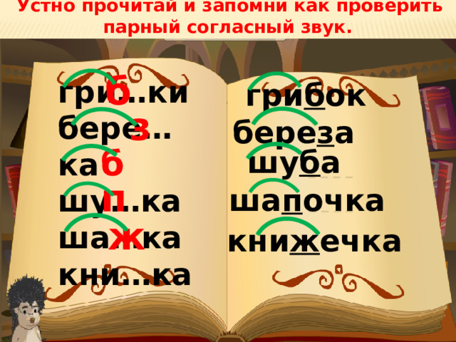 Устно прочитай и запомни как проверить парный согласный звук. б гри…ки бере…ка шу…ка ша…ка кни…ка гри б ок з бере з а б шу б а п ша п очка ж кни ж ечка