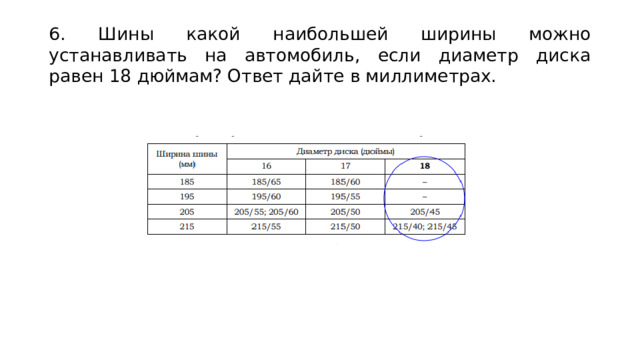 6. Шины какой наибольшей ширины можно устанавливать на автомобиль, если диаметр диска равен 18 дюймам? Ответ дайте в миллиметрах.