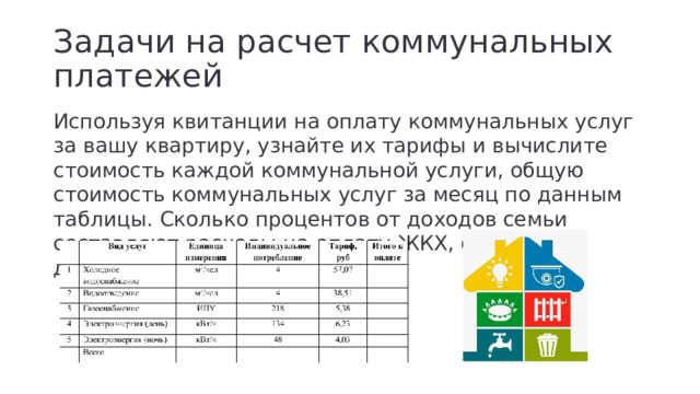 Задачи на расчет коммунальных платежей Используя квитанции на оплату коммунальных услуг за вашу квартиру, узнайте их тарифы и вычислите стоимость каждой коммунальной услуги, общую стоимость коммунальных услуг за месяц по данным таблицы. Сколько процентов от доходов семьи составляют расходы на оплату ЖКХ, если общий доход семьи 82 тысячи рублей?