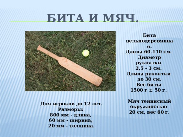 Бита и мяч. Бита цельнодеревянная. Длина 60-110 см. Диаметр рукоятки 2,5 - 3 см. Длина рукоятки до 30 см. Вес биты 1500 г ± 50 г.  Мяч теннисный окружностью 20 см, вес 60 г. Для игроков до 12 лет. Размеры: 800 мм - длина, 60 мм - ширина, 20 мм - толщина.
