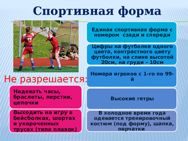 Спортивная форма Единая спортивная форма с номером сзади и спереди Цифры на футболке одного цвета, контрастного цвету футболки, на спине высотой 20см, на груди – 10см Номера игроков с 1-го по 99-й Не разрешается: Надевать часы, браслеты, перстни, цепочки Высокие гетры Выходить на игру в бейсболках, шортах и укороченных трусах (типа плавок) В холодное время года одевается тренировочный костюм (под форму), шапка, перчатки