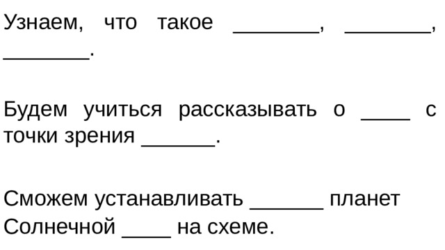 Узнаем, что такое _______, _______, _______. Будем учиться рассказывать о ____ с точки зрения ______. Сможем устанавливать ______ планет Солнечной ____ на схеме.