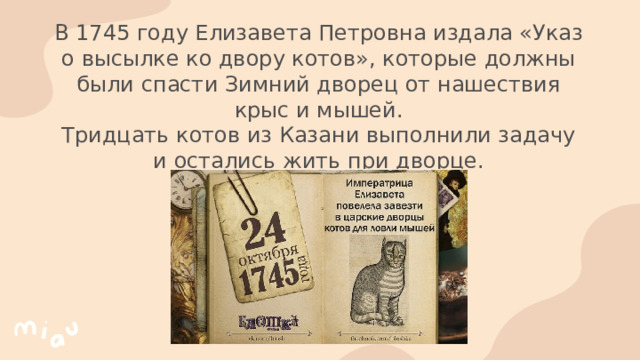 В 1745 году Елизавета Петровна издала «Указ о высылке ко двору котов», которые должны были спасти Зимний дворец от нашествия крыс и мышей.  Тридцать котов из Казани выполнили задачу и остались жить при дворце.