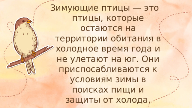 Зимующие птицы — это птицы, которые остаются на территории обитания в холодное время года и не улетают на юг. Они приспосабливаются к условиям зимы в поисках пищи и защиты от холода.