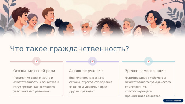 Что такое гражданственность? Зрелое самосознание Активное участие Осознание своей роли Вовлеченность в жизнь страны, строгое соблюдение законов и уважение прав других граждан. Понимание своего места и ответственности в обществе и государстве, как активного участника его развития. Формирование глубокого и ответственного гражданского самосознания, способствующего процветанию общества.