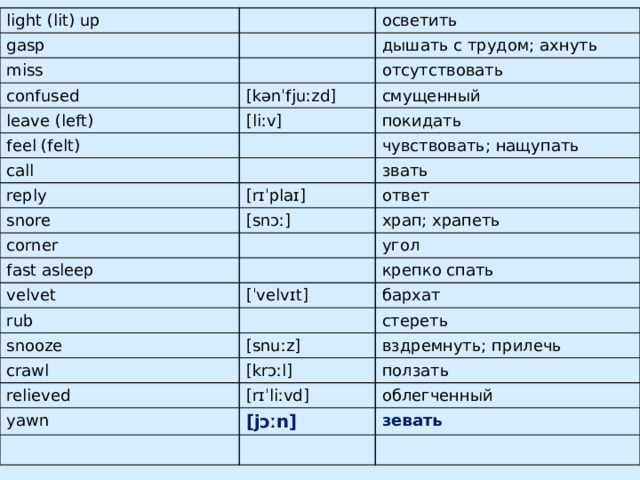 light (lit) up gasp miss осветить дышать с трудом; ахнуть confused отсутствовать leave (left) [kənˈfjuːzd] смущенный [liːv] feel (felt) call покидать reply чувствовать; нащупать звать [rɪˈplaɪ] snore ответ corner [snɔː] fast asleep храп; храпеть угол velvet rub [ˈvelvɪt] крепко спать бархат snooze стереть crawl [snuːz] relieved вздремнуть; прилечь [krɔːl] ползать [rɪˈliːvd] yawn облегченный [jɔːn] зевать
