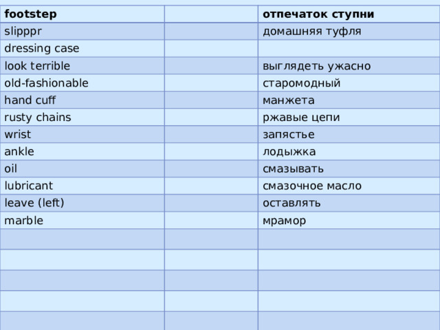 footstep slipppr dressing case отпечаток ступни домашняя туфля look terrible old-fashionable выглядеть ужасно hand cuff старомодный rusty chains wrist манжета ankle ржавые цепи запястье oil лодыжка lubricant смазывать leave (left) marble смазочное масло оставлять мрамор