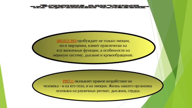 МЕЛОДИЯ  пробуждает не только эмоции, но и ощущения, влияет практически на все жизненные функции, в особенности на нервную систему, дыхание и кровообращение.  РИТМ  оказывает прямое воздействие на человека - и на его тело, и на эмоции. Жизнь нашего организма  основана на различных ритмах: дыхания, сердца.