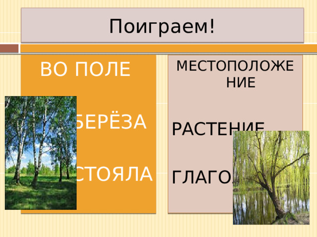 Поиграем! ВО ПОЛЕ МЕСТОПОЛОЖЕНИЕ БЕРЁЗА РАСТЕНИЕ СТОЯЛА ГЛАГОЛ