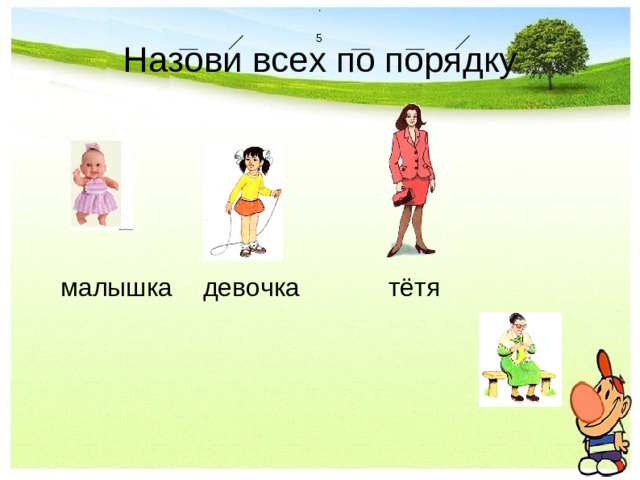. 5  Назови всех по порядку  малышка   девочка    тётя