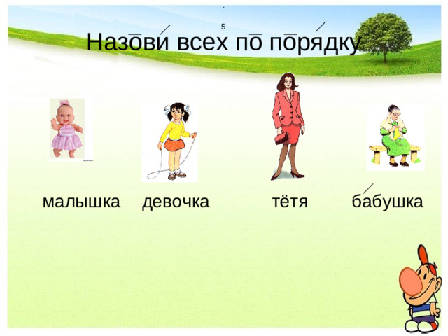 . 5  Назови всех по порядку  малышка   девочка    тётя   бабушка