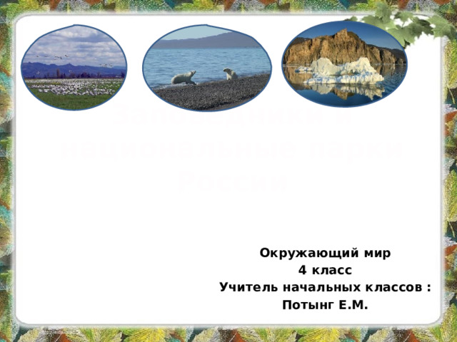 Заповедники и национальные парки России Окружающий мир 4 класс Учитель начальных классов : Потынг Е.М.