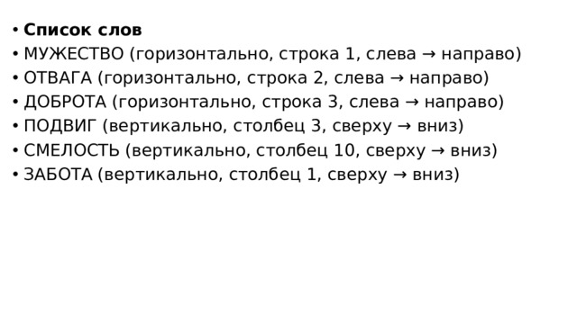 Список слов МУЖЕСТВО (горизонтально, строка 1, слева → направо) ОТВАГА (горизонтально, строка 2, слева → направо) ДОБРОТА (горизонтально, строка 3, слева → направо) ПОДВИГ (вертикально, столбец 3, сверху → вниз) СМЕЛОСТЬ (вертикально, столбец 10, сверху → вниз) ЗАБОТА (вертикально, столбец 1, сверху → вниз)