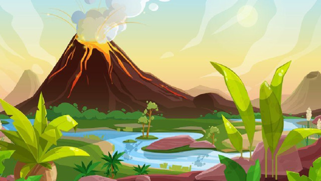 (Мы продвигаемся внутрь острова и чувствуем подземные толчки – это землетрясение, значит, вулкан скоро проснется)