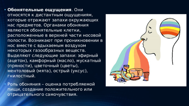 Обонятельные ощущения . Они относятся к дистантным ощущениям, которые отражают запахи окружающих нас предметов. Органами обоняния являются обонятельные клетки, расположенные в верхней части носовой полости. Возникают при проникновении в нос вместе с вдыхаемым воздухом некоторых газообразных веществ. Выделяют следующие запахи: эфирный (ацетон), камфорный (масло), мускатный (пряности), цветочный (цветы), ментоловый (мята), острый (уксус), гнилостный. Роль обоняния – оценка потребляемой пищи, создание положительного или отрицательного самочувствия.