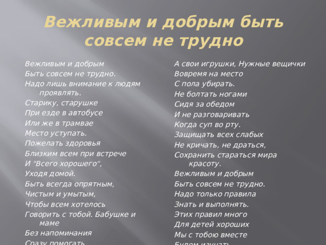 Вежливым и добрым быть совсем не трудно Вежливым и добрым А свои игрушки, Нужные вещички Вовремя на место Быть совсем не трудно. Надо лишь внимание к людям проявлять. С пола убирать. Не болтать ногами Старику, старушке Сидя за обедом При езде в автобусе Или же в трамвае И не разговаривать Когда суп во рту. Место уступать. Защищать всех слабых Пожелать здоровья Не кричать, не драться, Близким всем при встрече И 