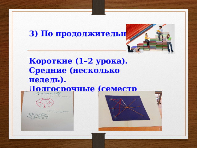 3) По продолжительности:   Короткие (1–2 урока). Средние (несколько недель). Долгосрочные (семестр или год).