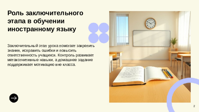 Роль заключительного этапа в обучении иностранному языку  Заключительный этап урока помогает закрепить знания, исправить ошибки и повысить ответственность учащихся. Контроль развивает метакогнитивные навыки, а домашнее задание поддерживает мотивацию вне класса. 2