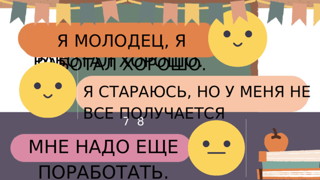 Я МОЛОДЕЦ, Я РАБОТАЛ ХОРОШО. Я МОЛОДЕЦ, Я РАБОТАЛ ХОРОШО. 11 M S Я СТАРАЮСЬ, НО У МЕНЯ НЕ ВСЕ ПОЛУЧАЕТСЯ 27 28 МНЕ НАДО ЕЩЕ ПОРАБОТАТЬ.