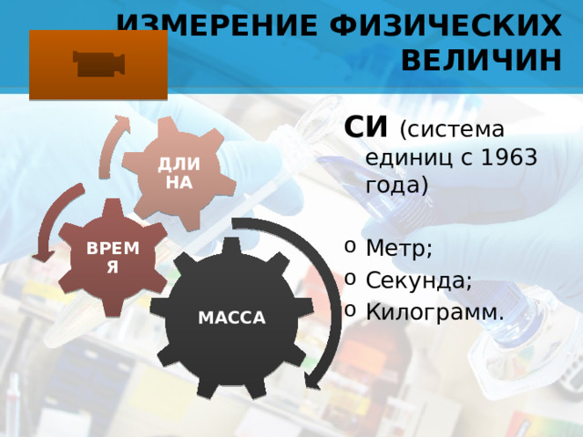 ДЛИНА ИЗМЕРЕНИЕ ФИЗИЧЕСКИХ ВЕЛИЧИН СИ (система единиц с 1963 года) Метр; Секунда; Килограмм. ВРЕМЯ МАССА