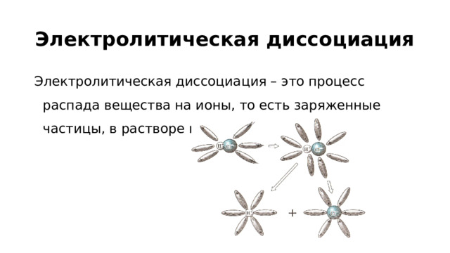 Электролитическая диссоциация Электролитическая диссоциация – это процесс распада вещества на ионы, то есть заряженные частицы, в растворе или расплаве.