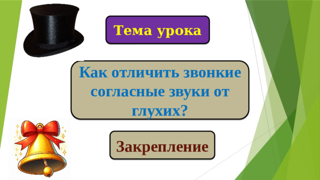 Тема  урока Как отличить звонкие согласные звуки от глухих? Закрепление